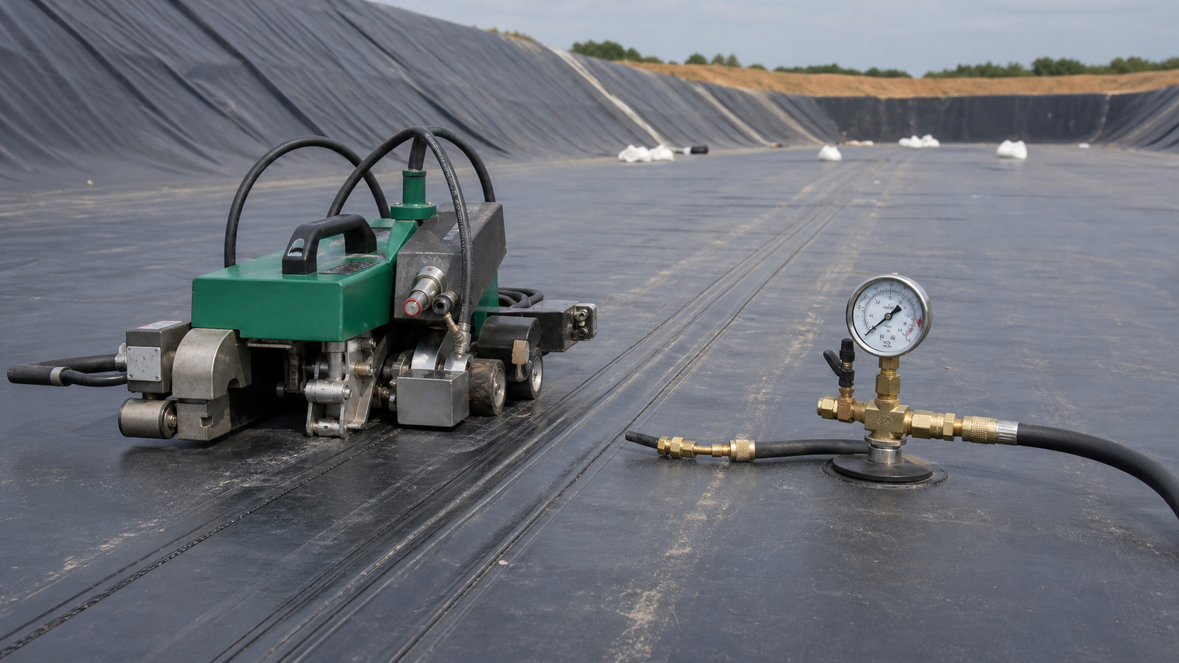 Сварка HDPE геомембраны горячим клином и проверка двойного шва воздухом