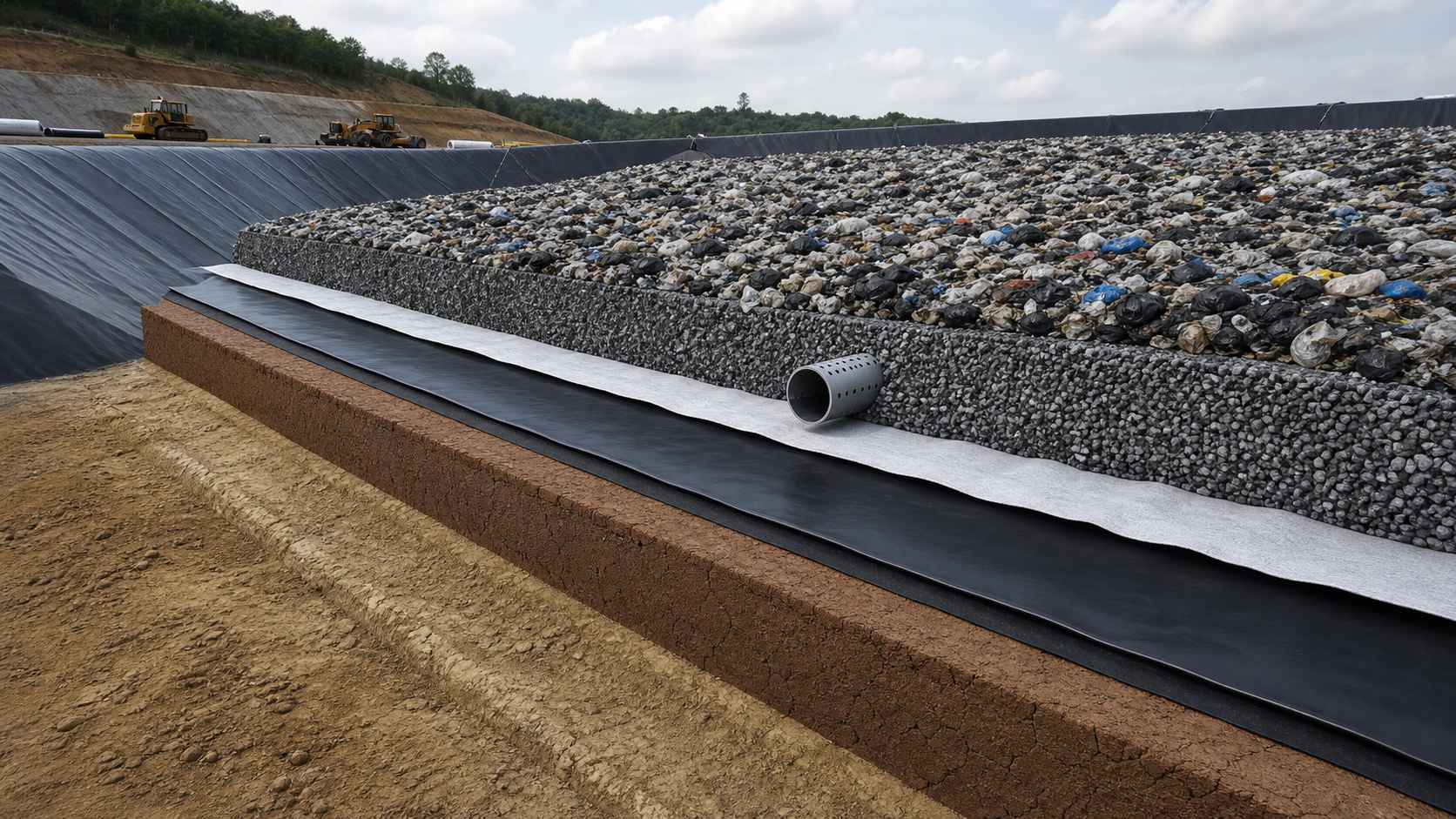 Многослойная система полигона с HDPE геомембраной и сбором фильтрата