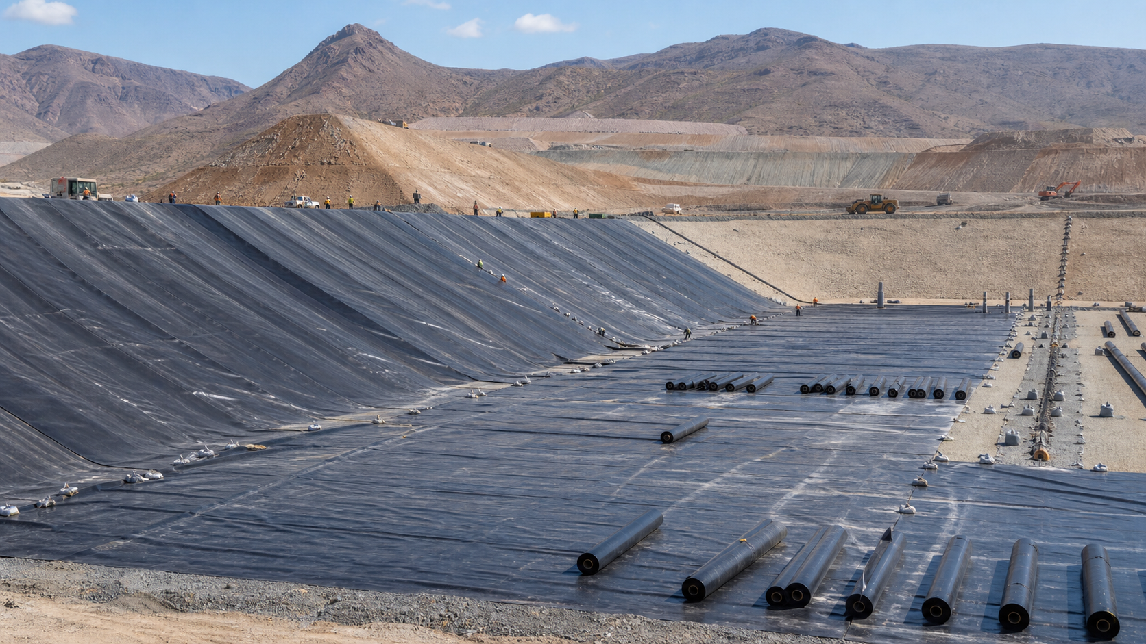 Укладка HDPE геомембраны на площадке кучного выщелачивания