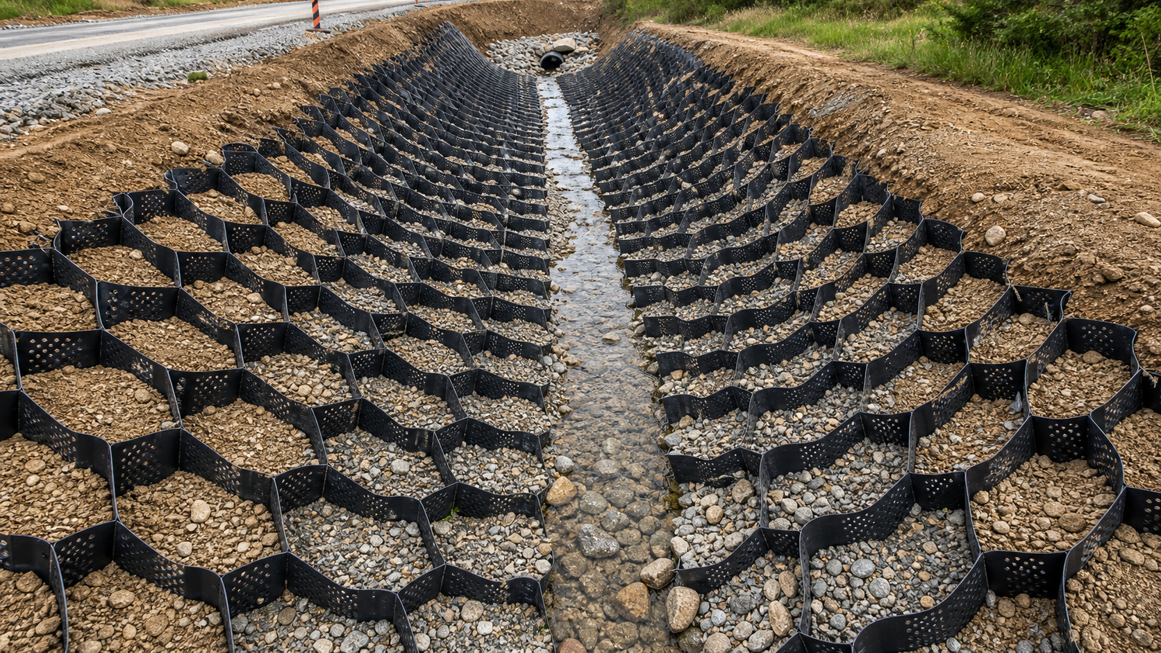 HDPE геоячейка для укрепления водоотводной канавы и защиты русла от размыва