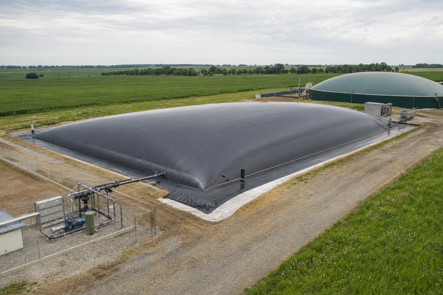 Крытая биогазовая лагуна с герметичной HDPE геомембраной и системой трубопроводов
