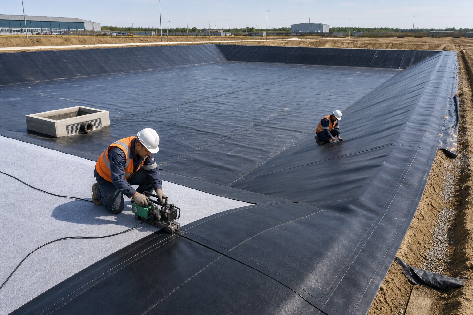 Сварка геомембраны HDPE в открытом пожарном водоеме