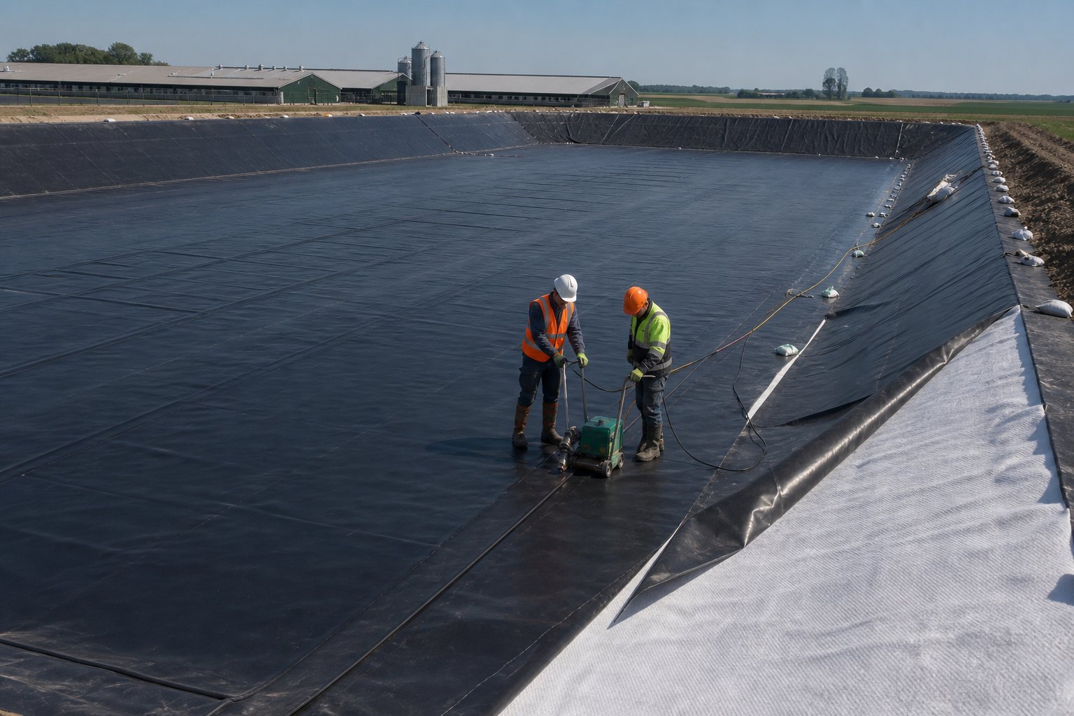 Монтаж HDPE-геомембраны и защитного геотекстиля в лагуне для навоза
