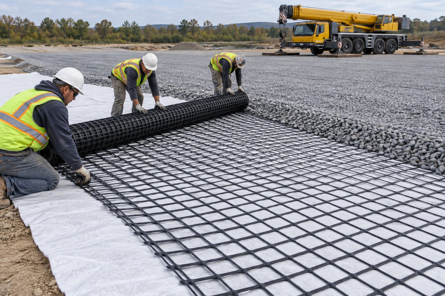 Концептуальная укладка плоской георешетки geogrid на геотекстиль при устройстве рабочей платформы