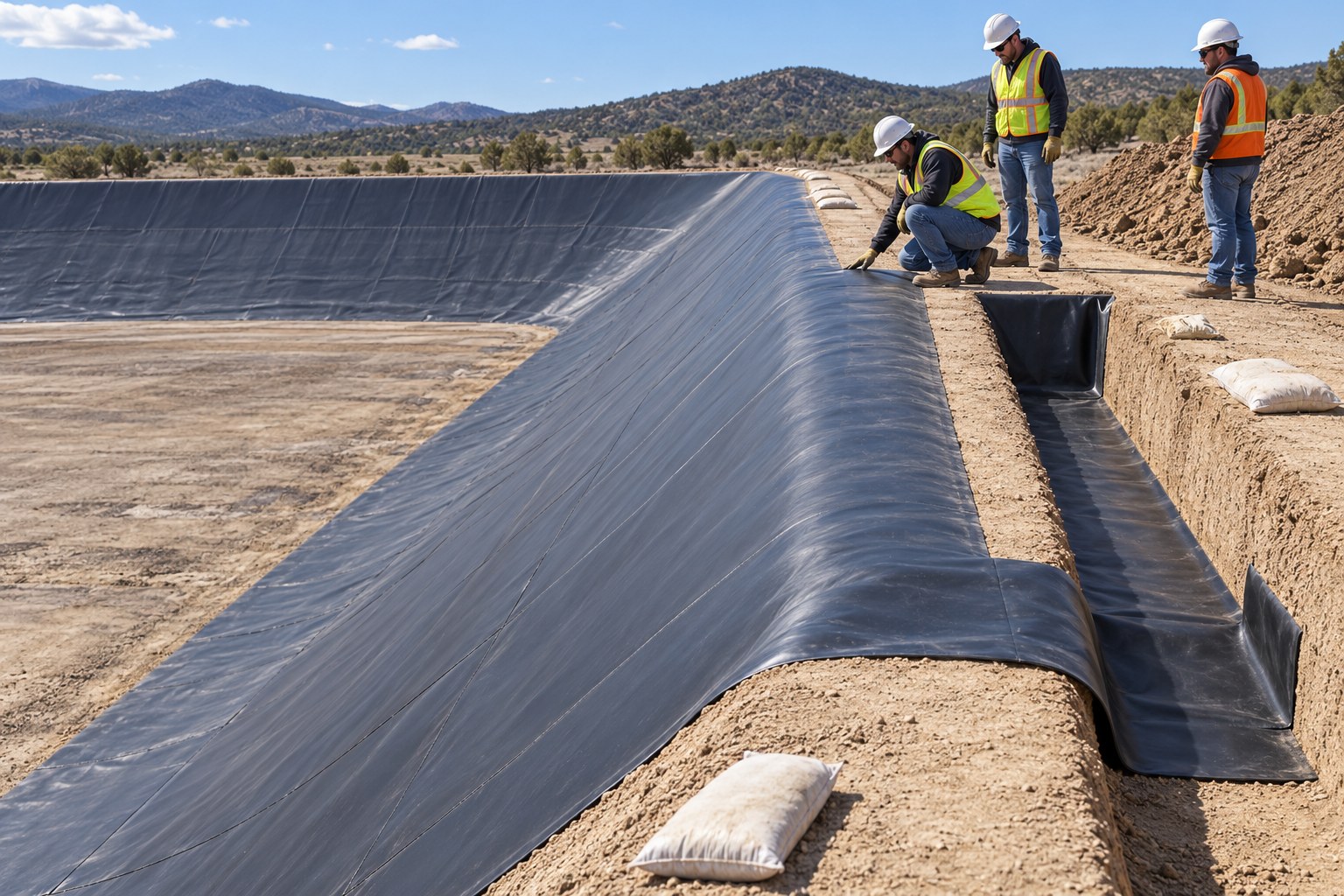 Концептуальная укладка края HDPE-геомембраны в анкерную траншею за бровкой резервуара