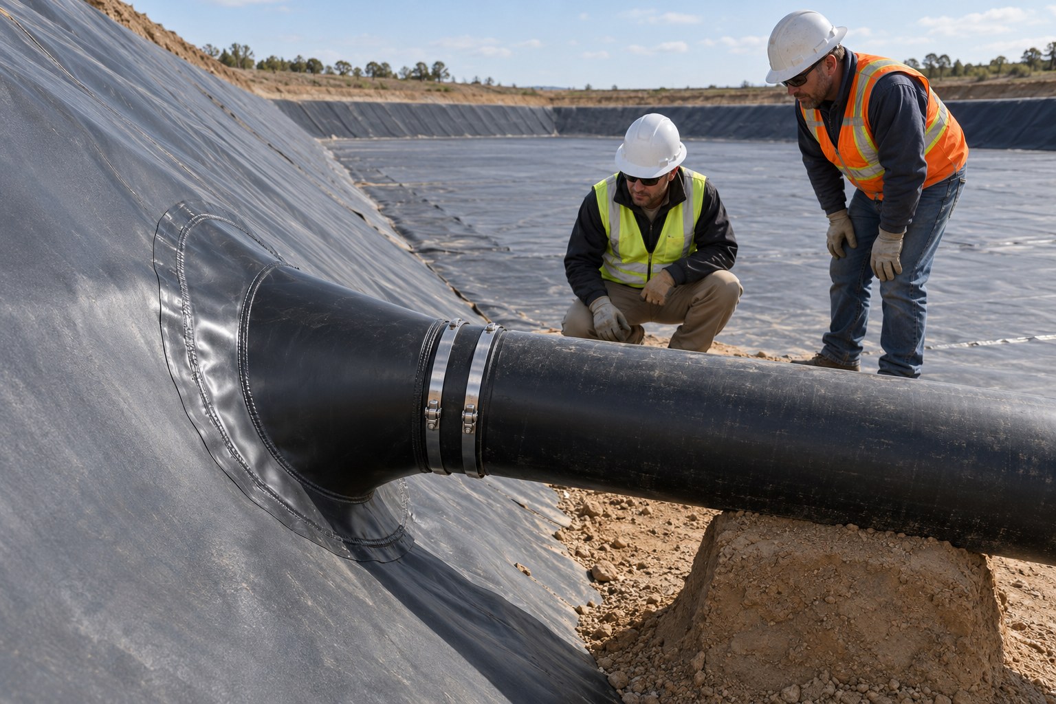 Концептуальная установка трубной манжеты в HDPE-геомембране пустого резервуара