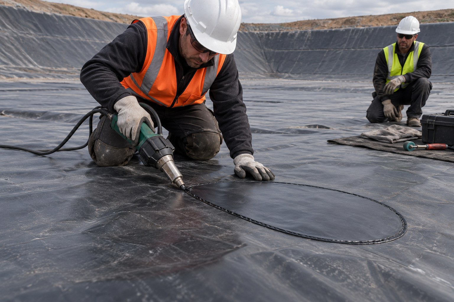 Концептуальная подготовка ремонтной заплаты и сварочные работы на сухой HDPE-геомембране