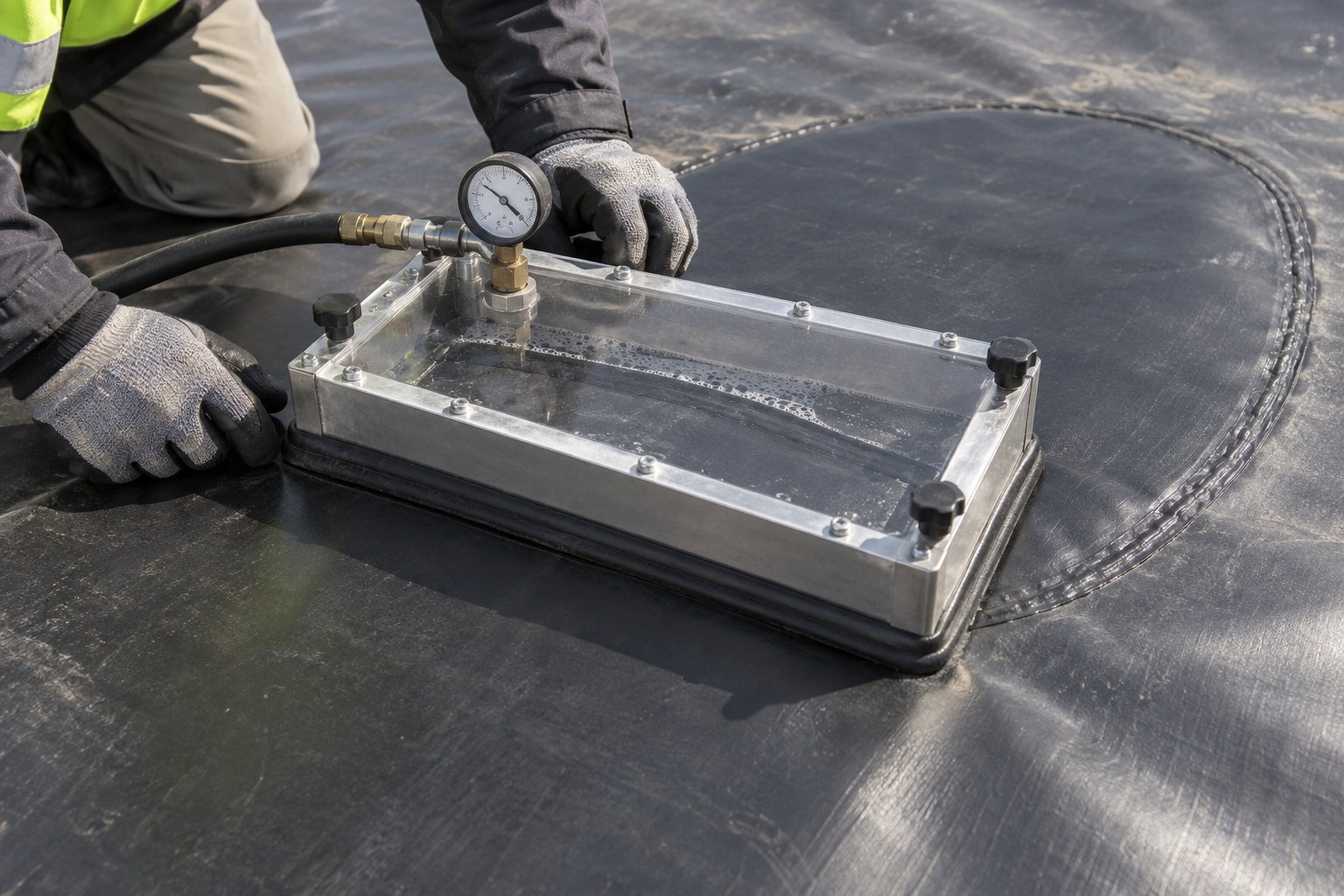 Концептуальный вакуумный контроль края ремонтной заплаты на HDPE-геомембране